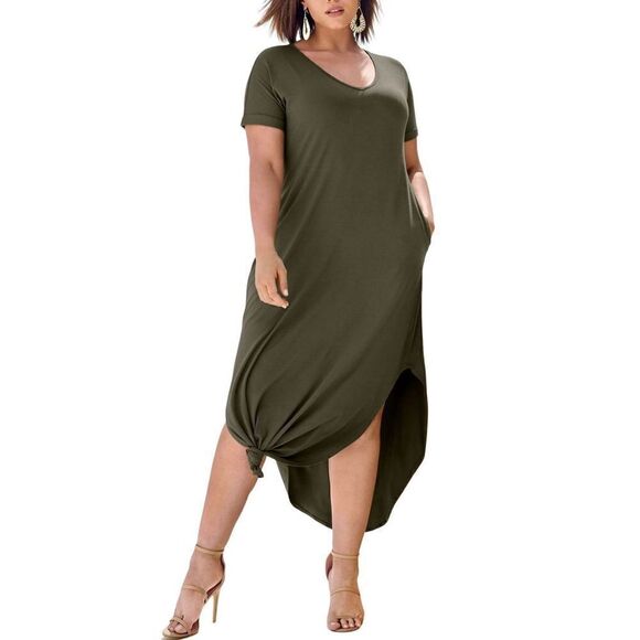 Venus Casual Boho V-Neck Olive Green T-Shirt Dress Jersey Knit 1X Casual Cruise - Picture 2 of 7